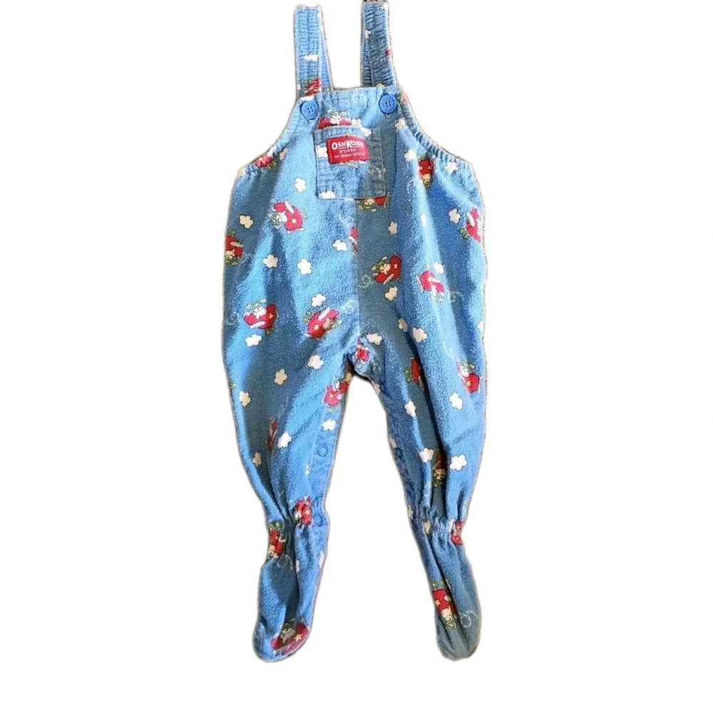 Oshkosh Overalls 6/9‎ m Blue Flannel Airplane  USA Vintage